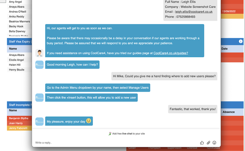 technology services - screenshot of the live chat feature
