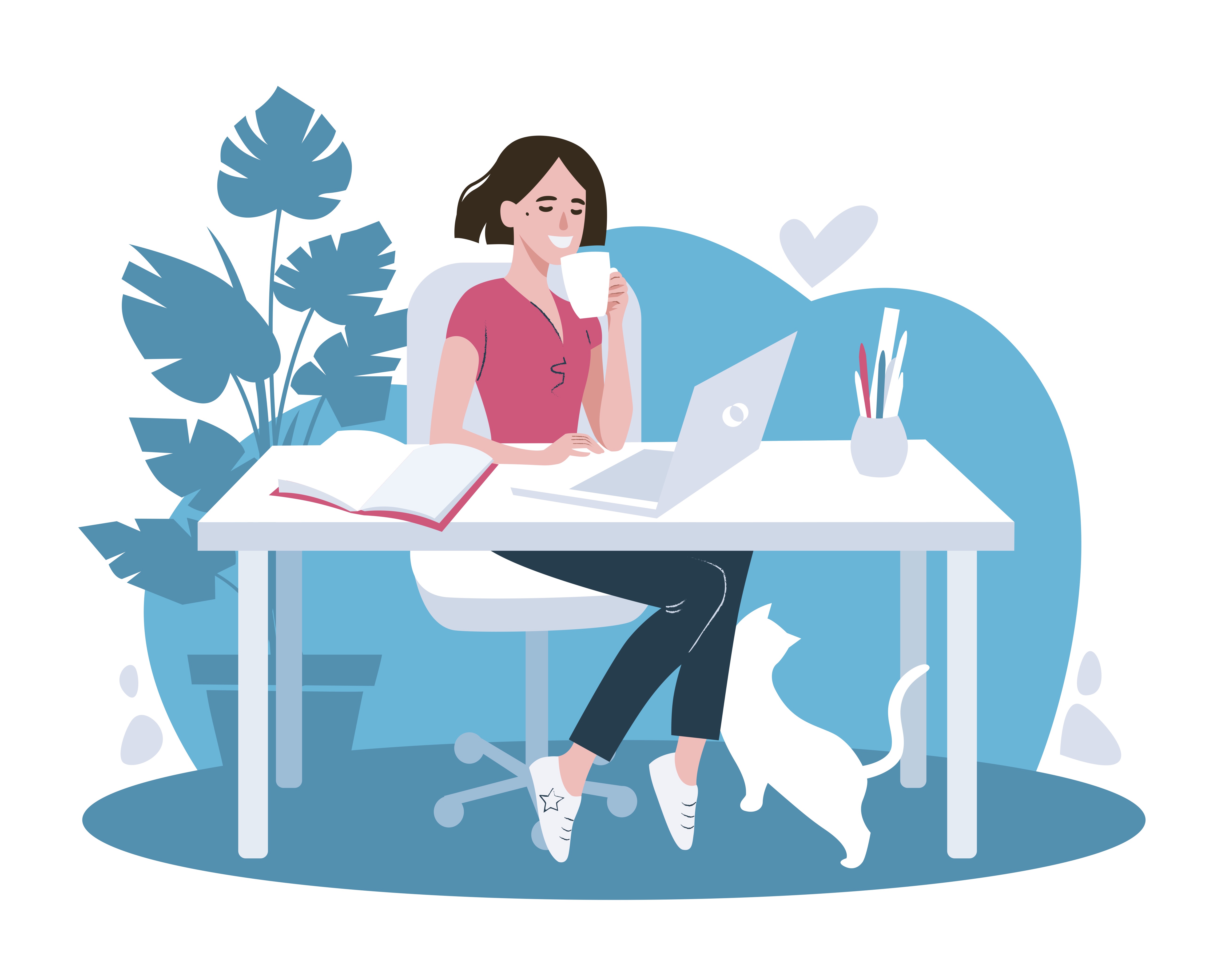 Managing stress at work: A woman sipping coffee at her desk with a cat at her feet
